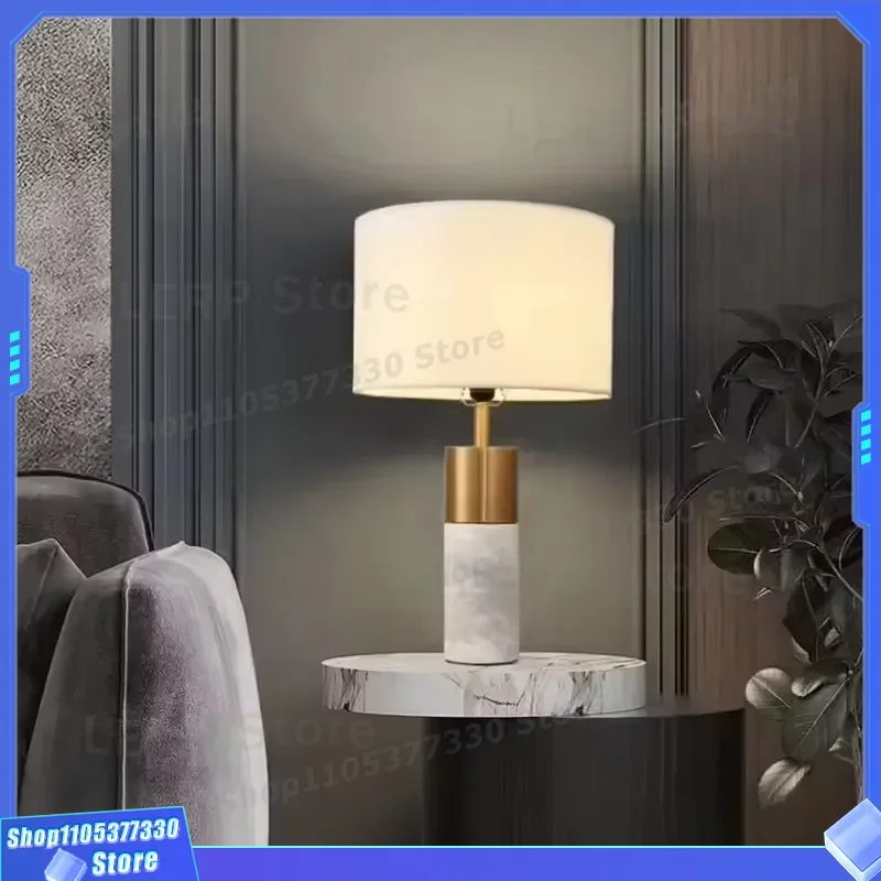 Nordic Luxury LED Desk Lamp with Marble Texture Fabric Base Retro Postmodern Style AC Power Reading Light for Bedroom Living