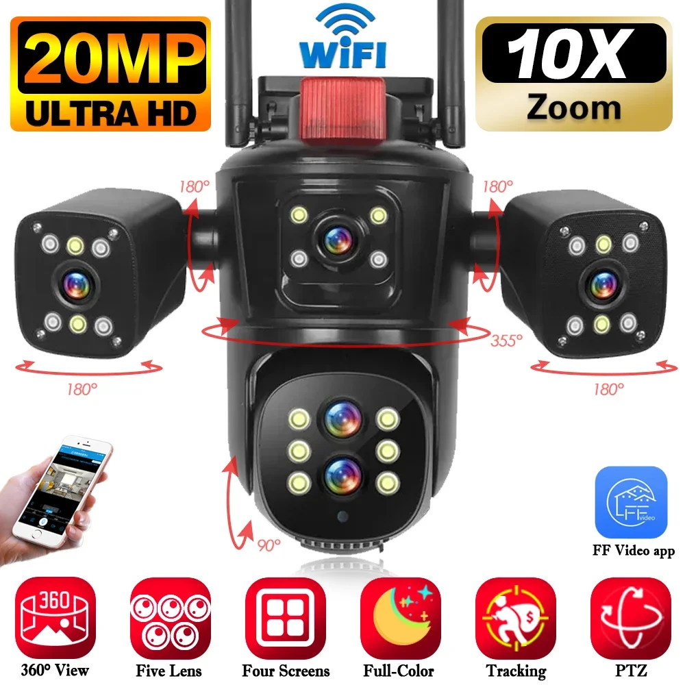 10K 20MP WIFI Surveillance Camera Outdoor Five Lens Four Screens Smart Wireless CCTV 360° Video Security IP Camera PTZ 10X Zoom