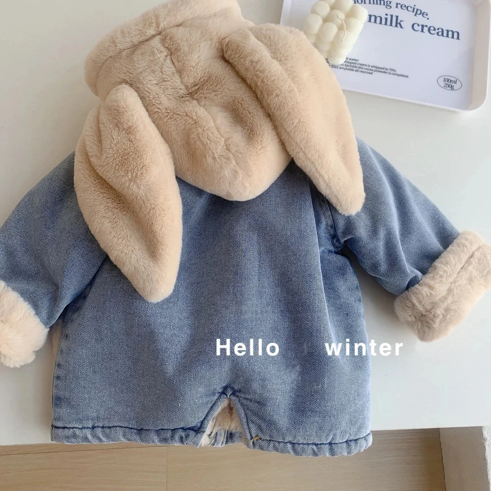 for Girls Jacket Boy Children's Denim Jackets Baby Cute Rabbit Ear Hooded Velvet Thick Warm Coat Kids Winter Outerwear Clothes