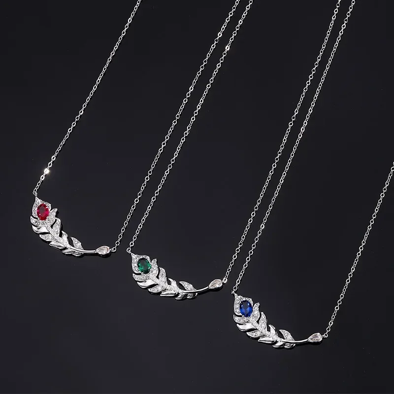 

Elegant Leaf Feather Design Necklace with Colorful Gemstones Delicate Vintage Inspired Jewelry Women Ruby Emerald Pendants Gift