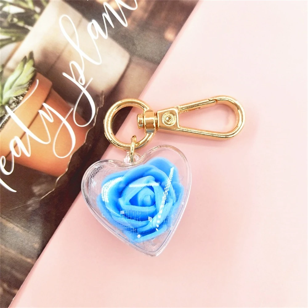 Cute Rose Keychain Love Heart Pendant Eternal Flower Keyring for Women Bag Ornaments Car Keys Accessories Couple Gifts