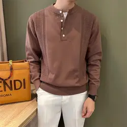 Men's Clothing Vintage Fashion Henry Collar Business Casual Knitted Sweater Autumn Winter Solid Long Sleeve Loose Pullover Tops