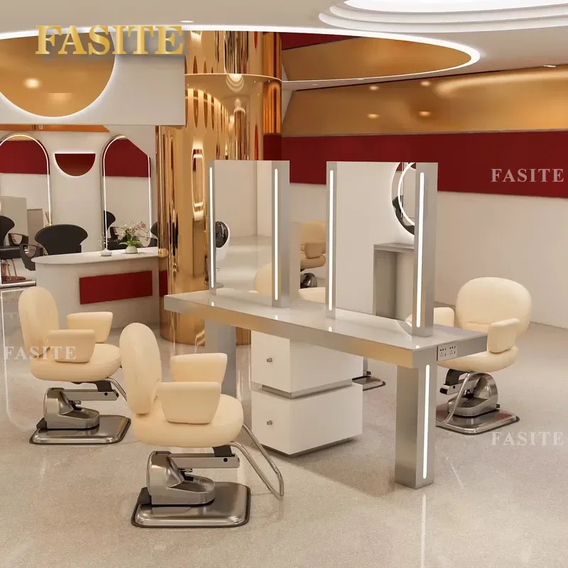 For Hair Barber Shop Perm Dyeing Station with LED Light Mirror Cabinet Integrated Desktop Cutting Table Furniture