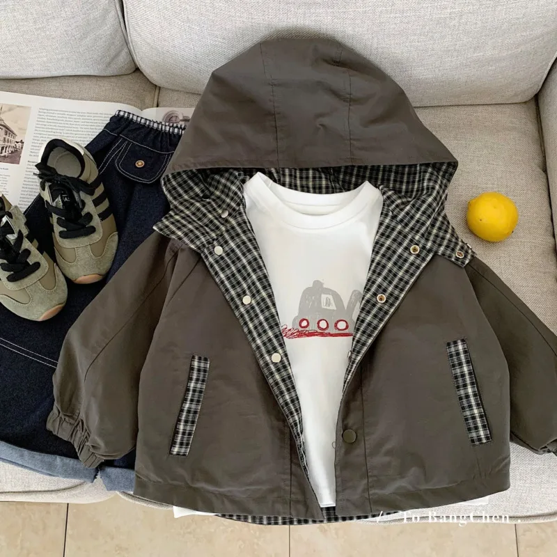 2025 Autumn Winter Cotton Double Side Children Kid Jacket Boy Girl Reversible Hood Coat Woven Lining 3-10 Years Toddler Outfit