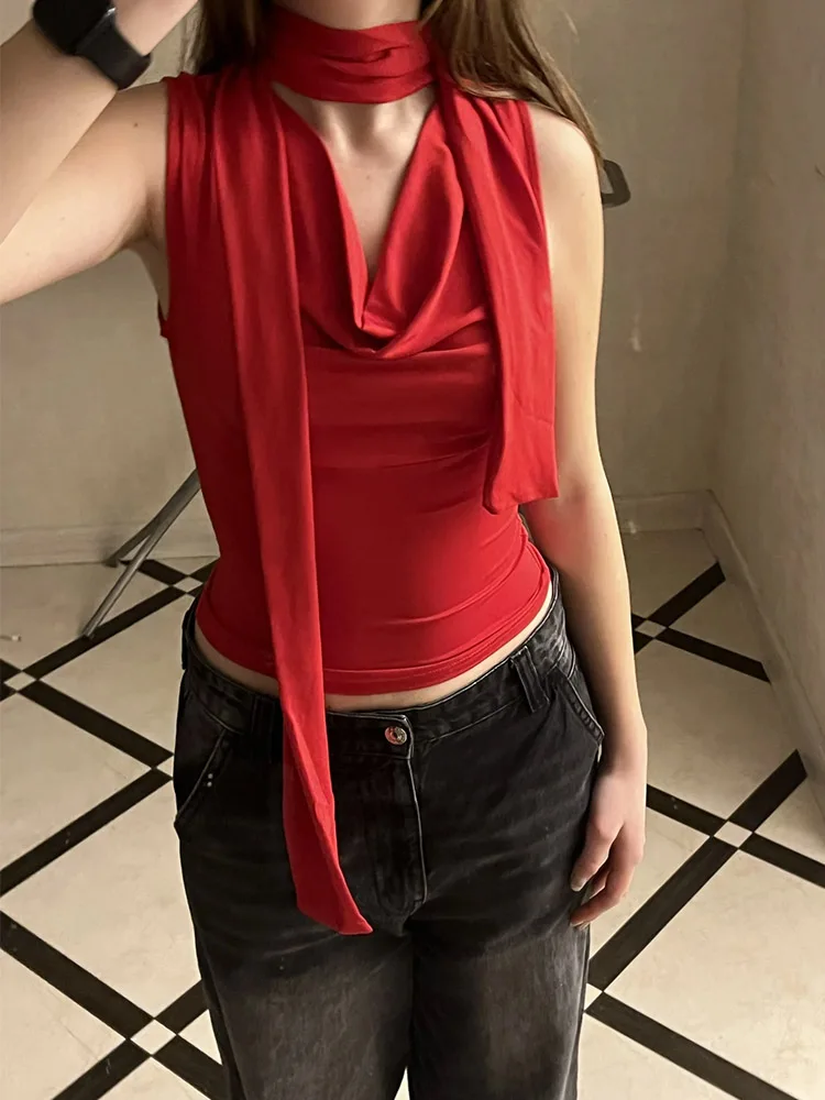 Women's summer solid color floating collar sleeveless vest, slim fit and slimming, sexy lace up top