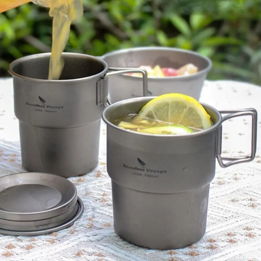 250ML Pure Titanium Coffee Cup with Lid Lightweight Outdoor Camping Stackable Travel Drinking Mug with Folding Handle
