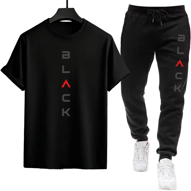 Male Spring Summer Home Outdoor Comfort Tees Set Black Letter Print Mens Tracksuit T-shirt + Pants Urban Causal Sports Outfit