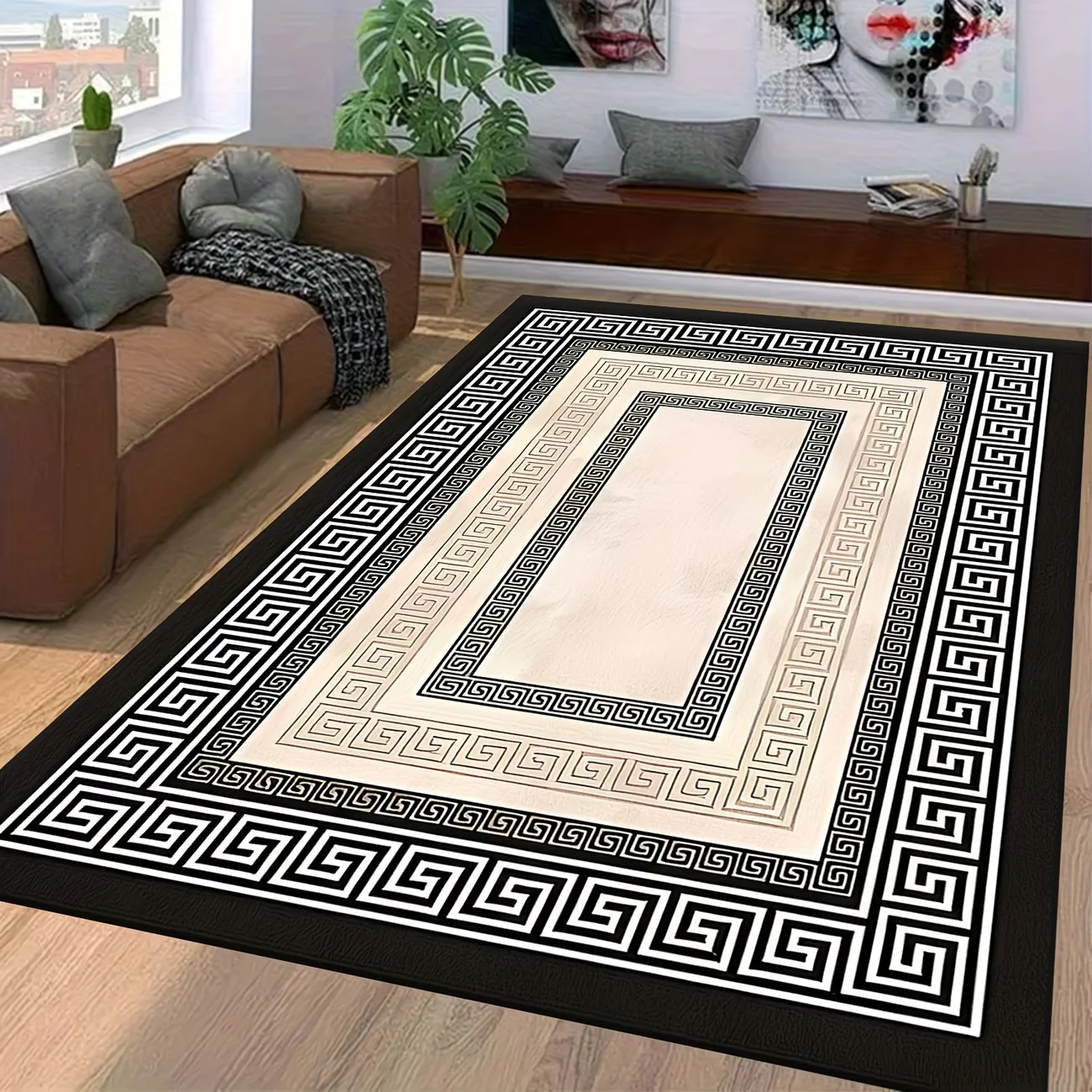 Elegant Greek Key Pattern Rug - Non-Slip Black Gold Area Carpet - Unique Decorative Indoor Floor Mat for Living Room and Bedroom