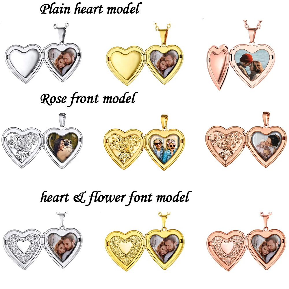 U7 Stainless Steel Custom Photos Locket Necklaces for Woman Rose & Plain Heart Pendant with Pictures Text Engrave Jewelry Gift