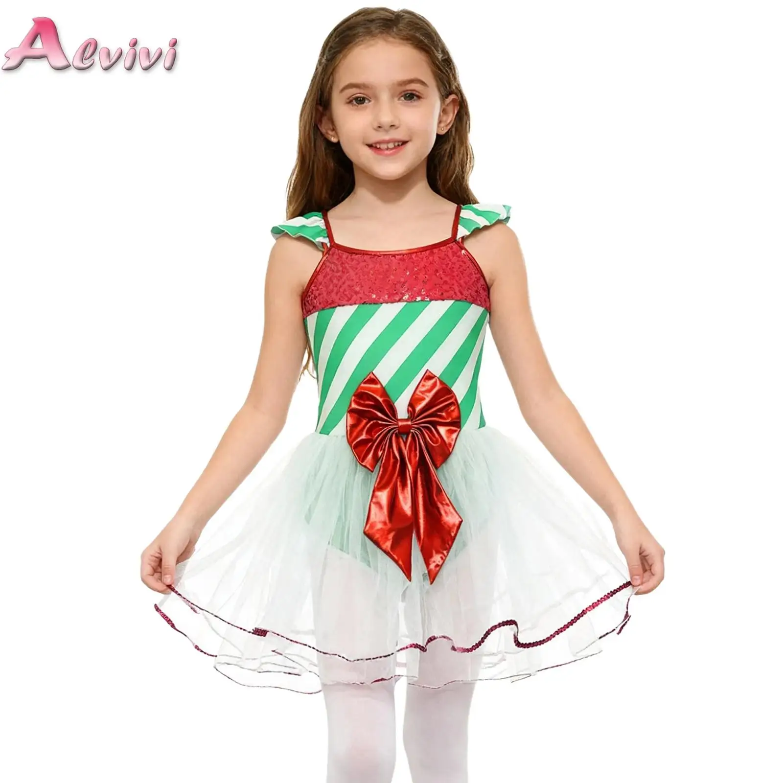 

Kids Girls Christmas Ballet Dance Dress Sequins Stripes Bow Knot Tutu Dress Bodysuit Festival Princess Dance Leotard Costume