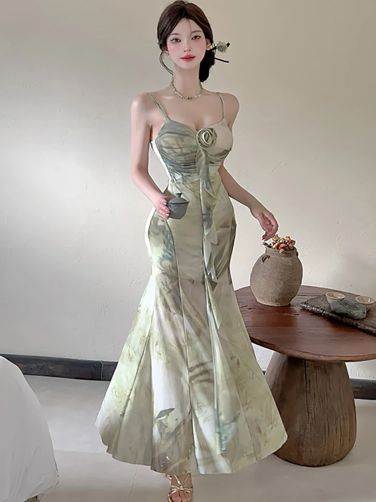 Women Green Floral Mesh Pleated Bodycon Sling Long Dress Summer Elegant Ruffled Luxury Evening Dress 2025 Korean Fesitval Dress