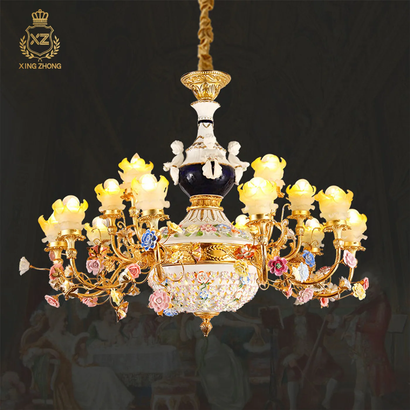 French Baroque Colorful Ceramic Flower Decor Living Room Dining Room Copper Chandelier Villa Bedroom Pendant Lamp
