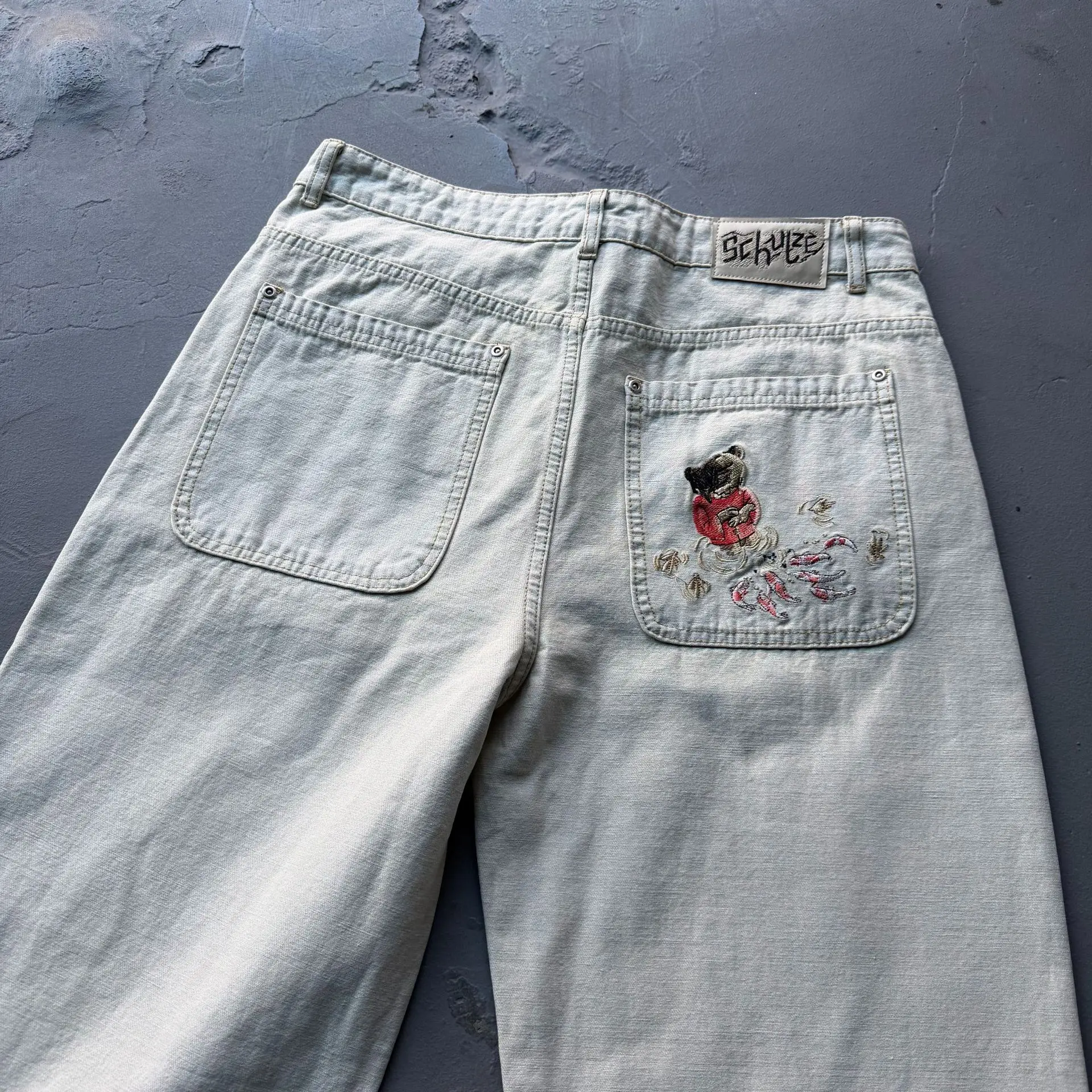 Derschutze 2026 New Fish Pond Bear Embroidered Denim Pants - Relaxed Straight-Leg Casual Trousers