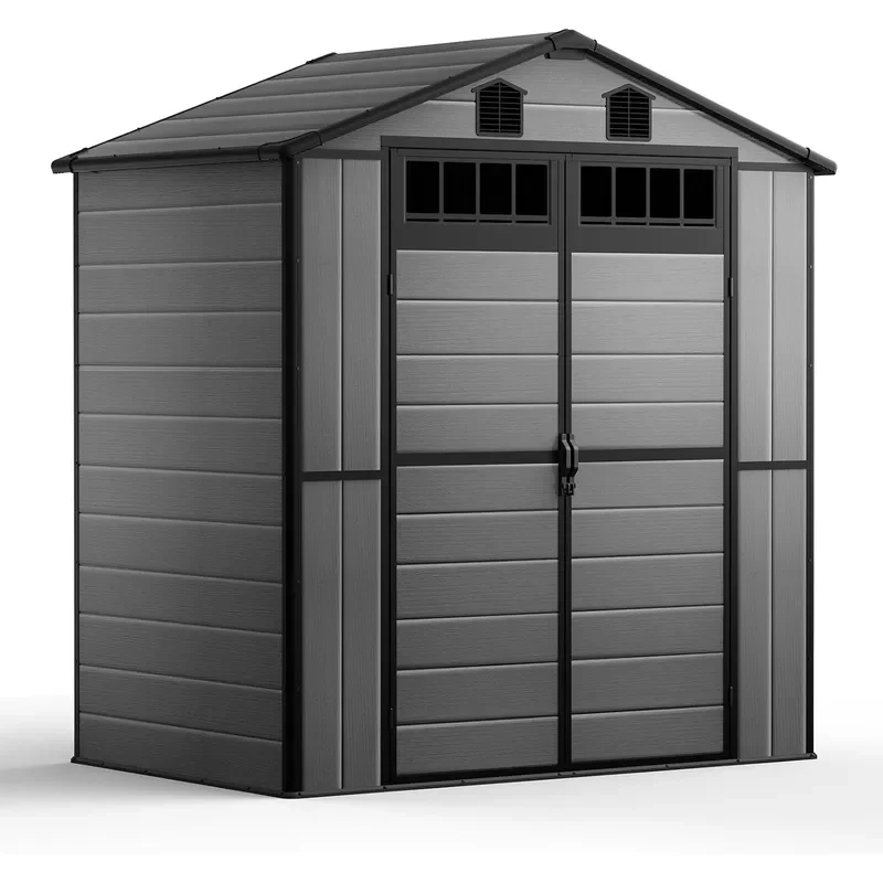 6 x 4.5 FT Outdoor Plastic Storage Shed with Floor Lockable Double Doors Louvered Window Weather-Resistant Garden Shed for