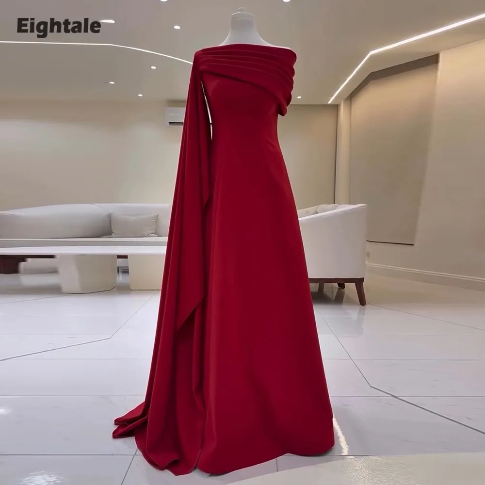 

Eightale Arabic Evening Dress Strapless Pleats Customized Satin Red Satin Cape A-Line Prom Wedding Party Gowns