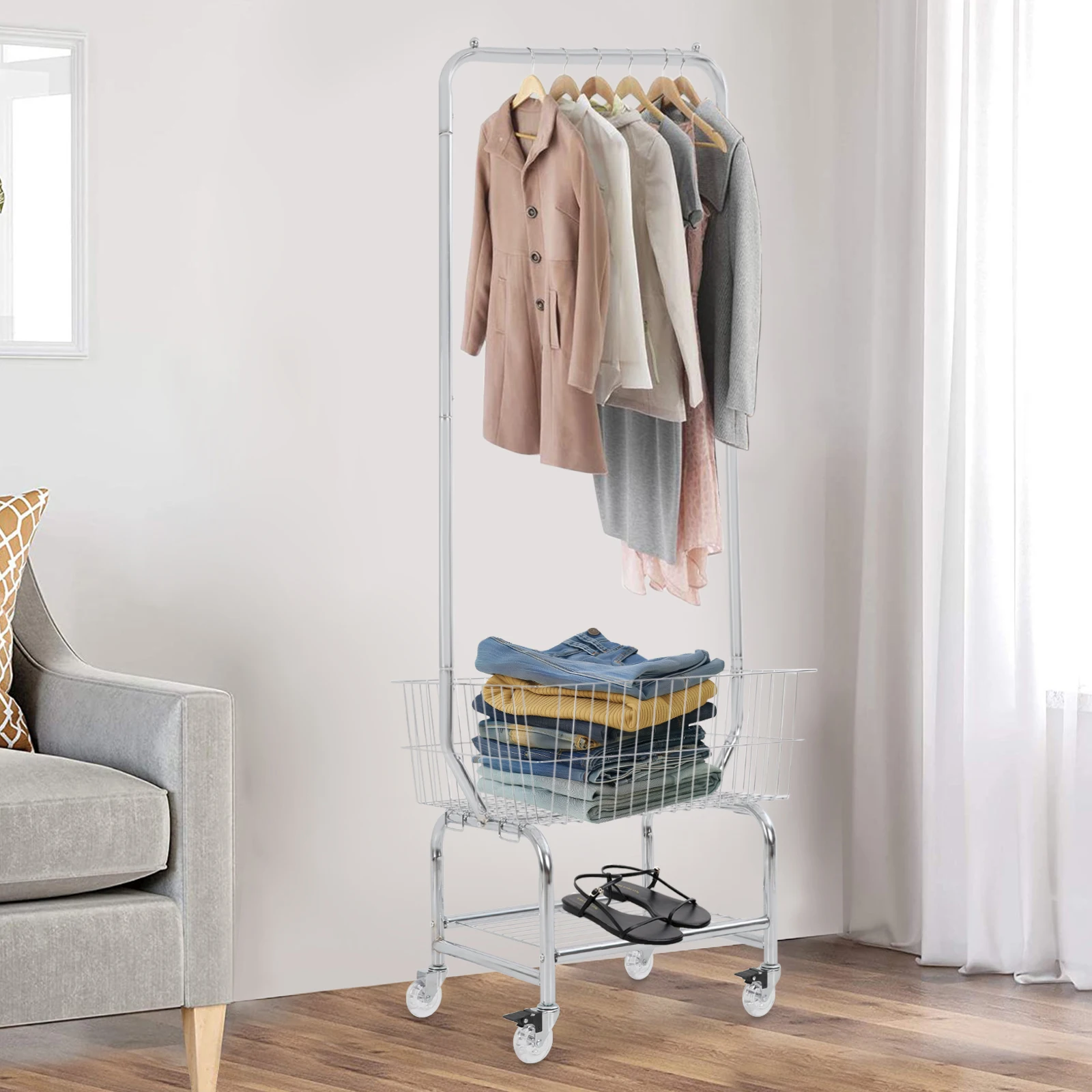 Large Capacity Clothes Cart, Rolling Laundry Cart, Laundry Cart with Hanging Rod