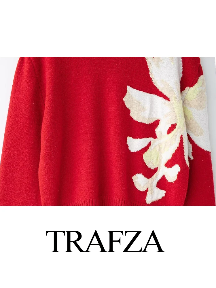 TRAFZA Maglione ricamato jacquard a contrasto di fiori in scala dorata invernale da donna Maglione pullover a maniche lunghe caldo ed elegante da donna