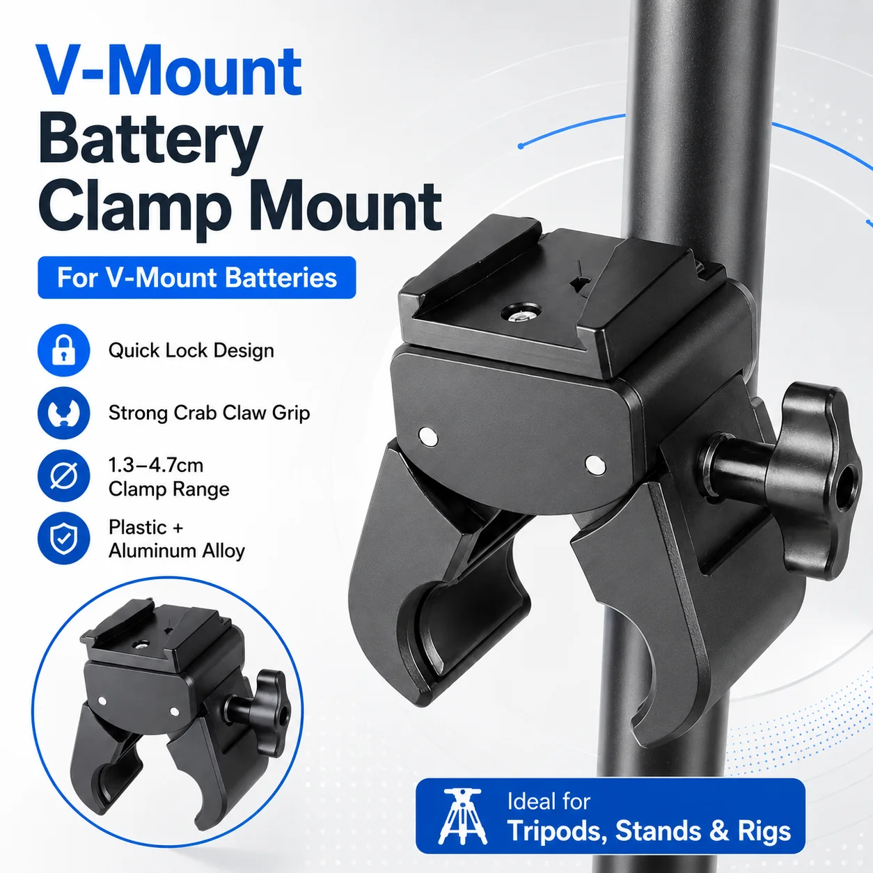 Adjustable Jaw V Mount Battery Clamp with Large Clamp Aluminum V Mount Battery Holder Upgrades for Tripods & Light Stan