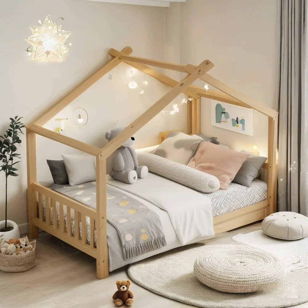 Bellemave Floor House Beds Wood Montessori Bed Frame Twin Size Platform Bed with Headboard & Footboard for Kids Boys Girls Teens