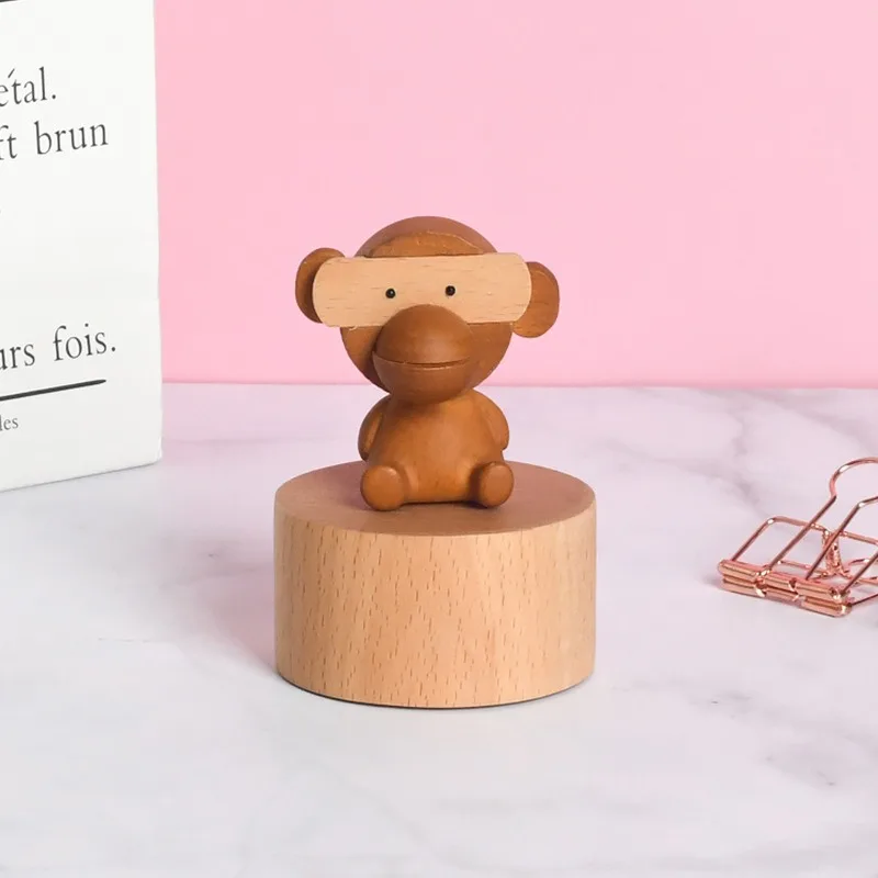 Creative Monkey Panda Bird Bear Mini Solid Wood Music Box Cute Animal Children's Birthday Christmas Gift Home Decor Decoration