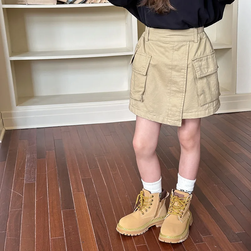 Children Clothes Girls Pocket Cargo Short Skirt Fashionable 2024 Autumn Solid Color Casual Simple Girls Sweet Cool Skirt