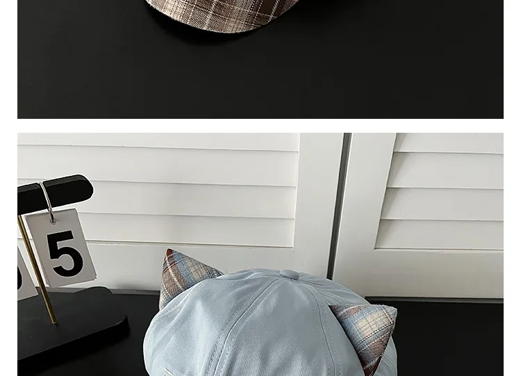 Niedliche Katzenohren Newsboy-Mütze für Damen, Alltags-Casual Baker Boy Cap, Street Snap, Kawaii Katzen-Gesichts-Stickerei, süße Mädchen-Karo-Krempe, Reisemütze – Detail 7