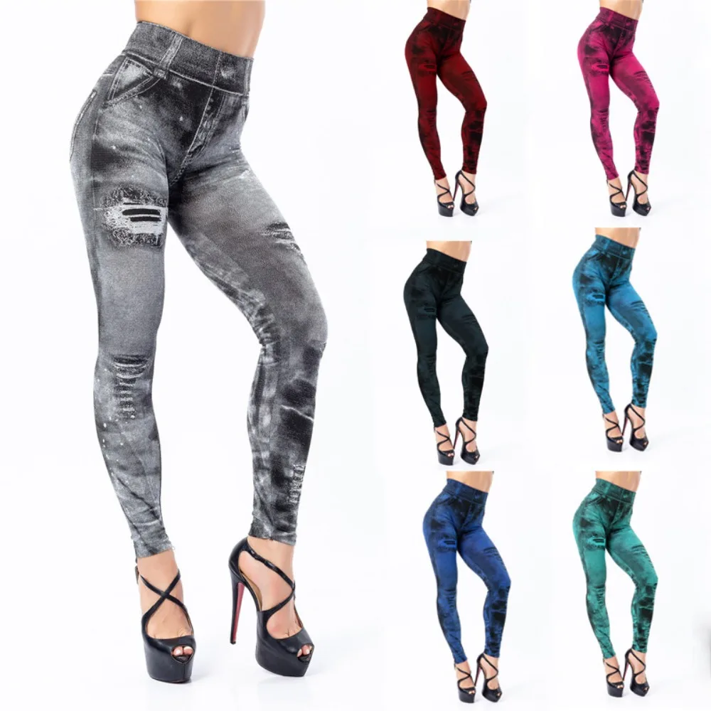 2025 Summer New Fashion Women's Distressed Skinny Denim-Look Leggings Yoga Cropped Pants