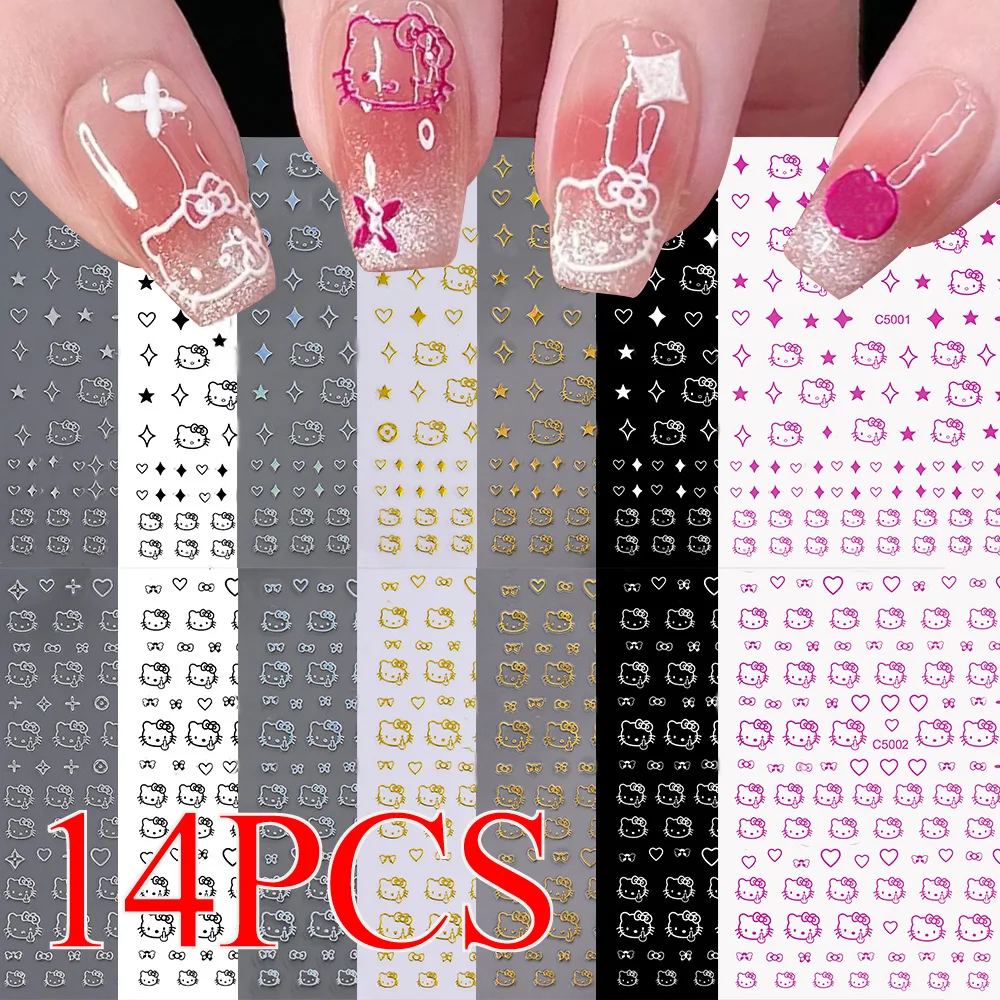 Autocollants pour ongles Hello Kitty 3D, dessin animé japonais KT, mignon, chat, nœud, cœur, étoile, colle arrière, manucure, 14 feuilles