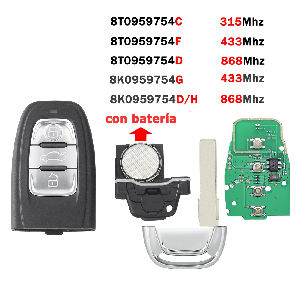 KEYYOU-llave remota inteligente 315MHz/433MHZ/868MHZ para Audi Q5, A4, A4L, A5, A6, A7, A8, RS4, RS5, S4, S5, llave de coche semisin llave 8T0 959,