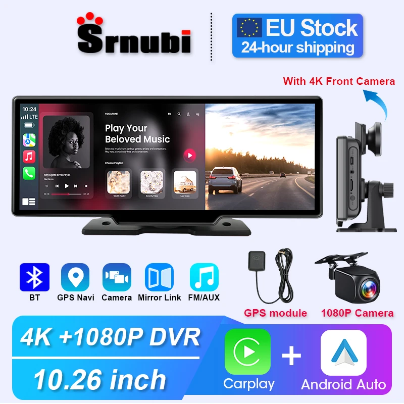 Dash Cam per auto DVR da 10,26 pollici 4K con doppia lente Wireless Carplay Android Auto Navigazione GPS Wifi FM AUX Videoregistratore Monitor