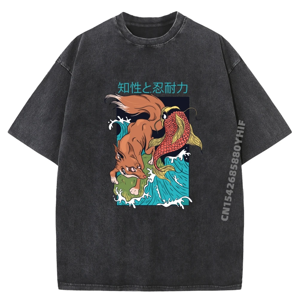 

Японская татуировка Irezumi Yakuza Fox And Fish Брендовая футболка с графическим рисунком для мужчин Классические футболки с принтом Мужская повседневная стираная рубашка
