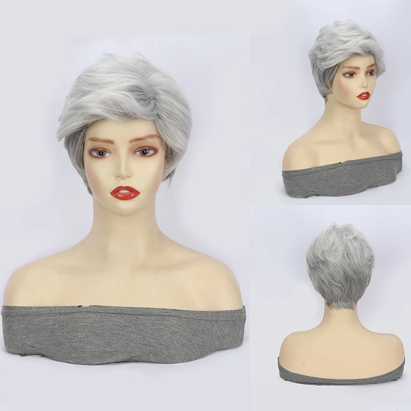 

Wig for European and American women with short curly hair, black and white mixed color, anti curling mechanism hood