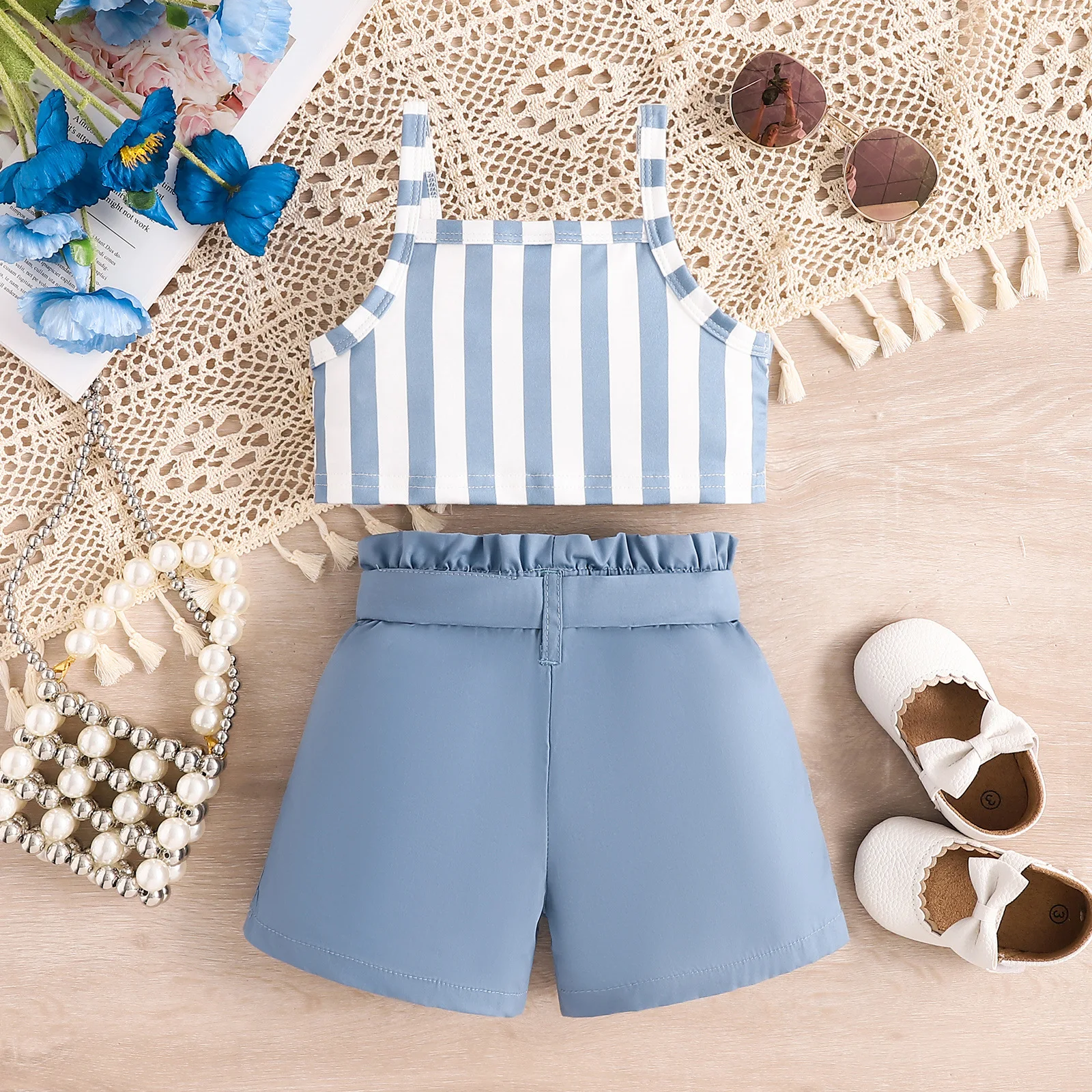 2Piece Summer Girls Clothing Sets Korean Fashion Stripe Button Sleeveless Cotton Baby Tops+Shorts Kids Boutique Clothes BC427