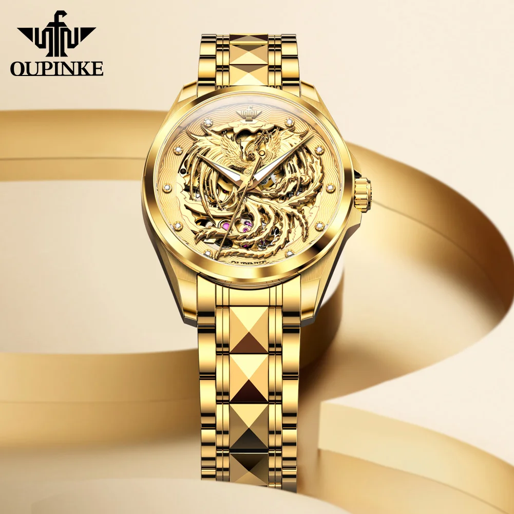 OUPINKE Women Watch Luxury Original Gold Hollow Phoenix Watch Brand Automatic Mechanical Watch Women Bracelet Dress Watch 3276