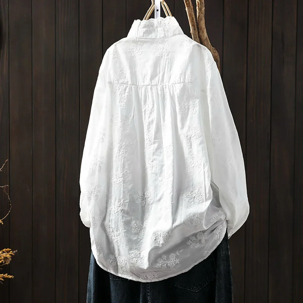 Elegancka bluzka damska 2025, 100% bawełna, w stylu boho, stójka, długi rękaw, biała, haftowana koszula damska ZT210
