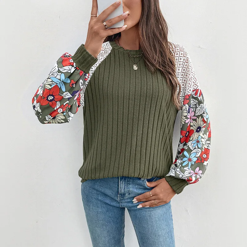 Jersey de punto de manga larga con cuello redondo holgado informal empalmado para mujer, jerséis, nueva moda para otoño e invierno, ropa femenina, Tops