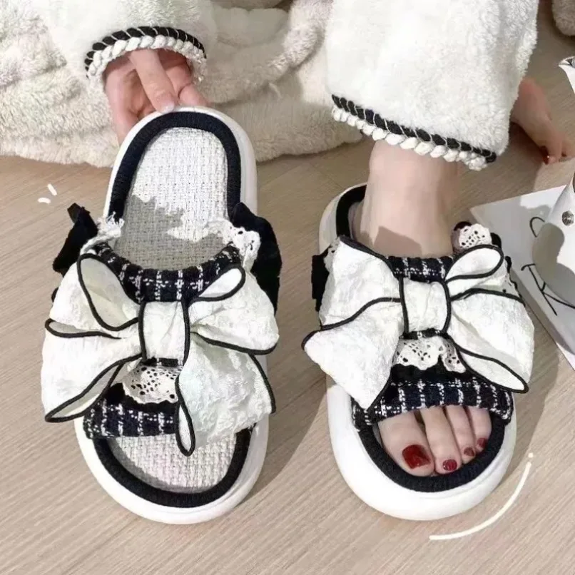 

House Slippers Bow Knot Women Summer Cute Linen Couples Indoor Home Non Slip Thick Funny Sandals Cartoon Kawaii Shoes Platform