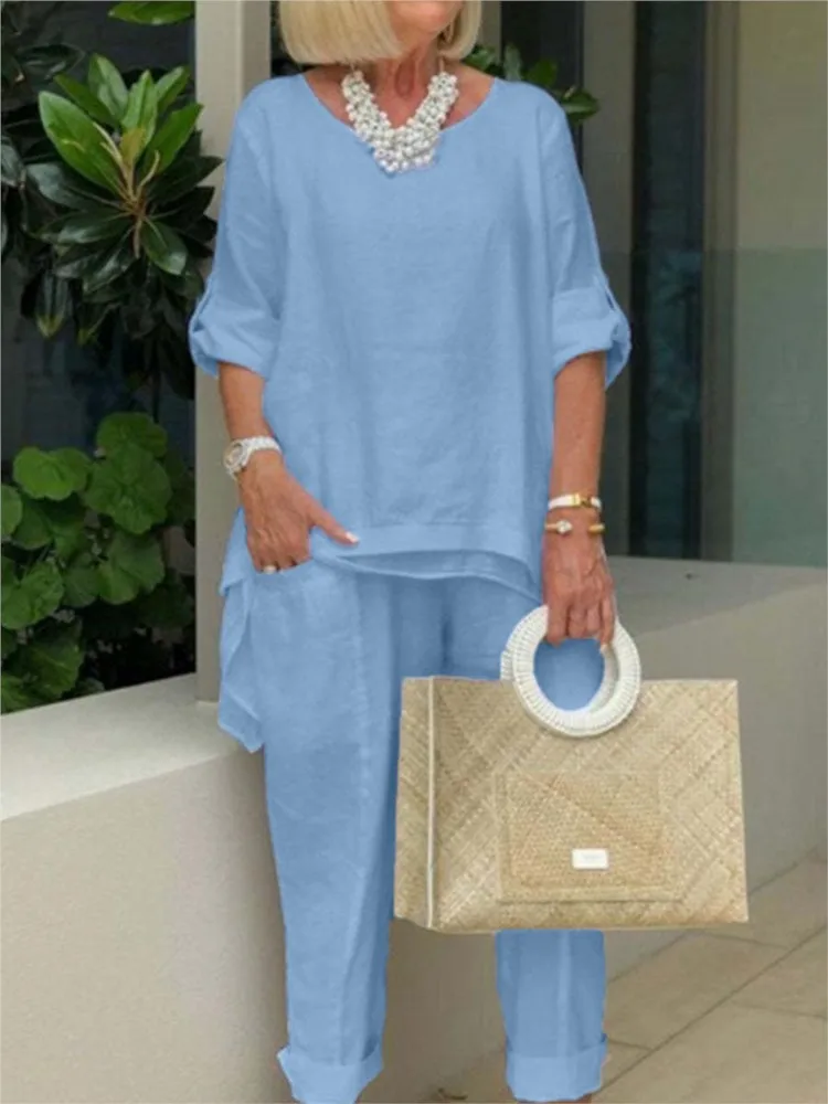 

Casual Blue Women Set Spring Summer Fashion Long Sleeve O-Neck Loose Suit Female Vintage Pocket Top Long Pants 2 Pieces Outfit