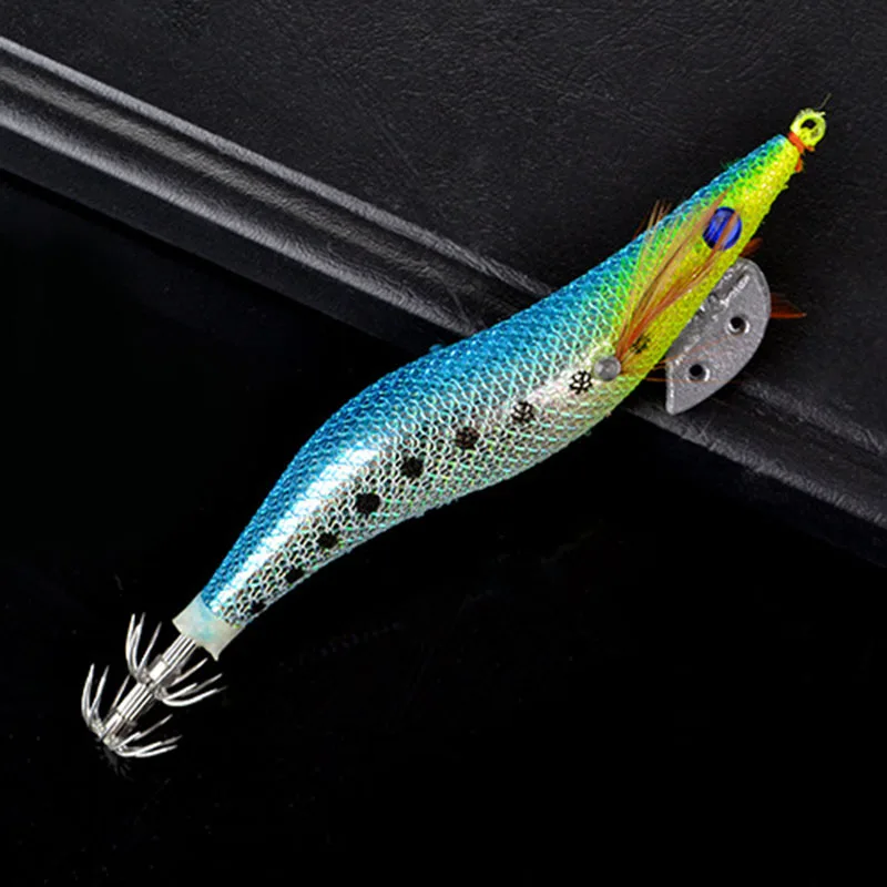 2.5# 3.0# 3.5# Luminous Squid Jigging Fishing Lure Wood Shrimp with Noisy Ball Octopus Squid Jig Hooks Cuttlefish Saltwater Bait