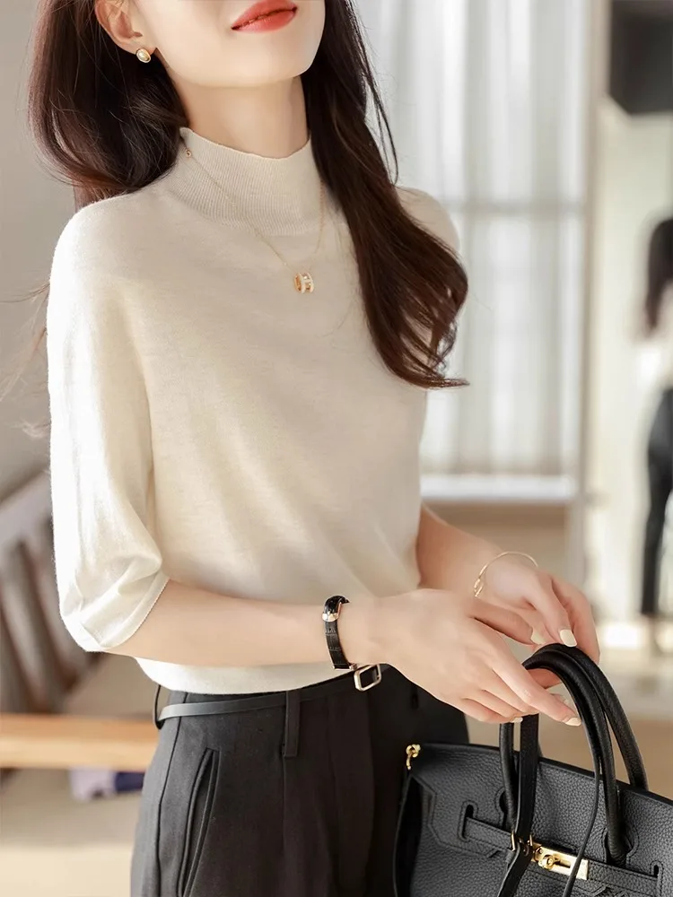 

Qingdao Brand Women's Wool Knitted Sweater mid Sve f High Collar Spring Autumn Versatile Base Layer Top Simple Sle Lo...