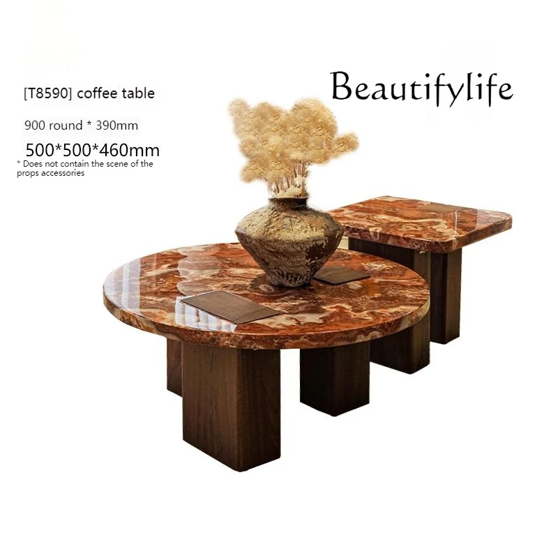 Centerpiece Red Dragon Stone Nesting Tables-Designer Round Marble Coffee Set w/ Crimson for Premium Living Room