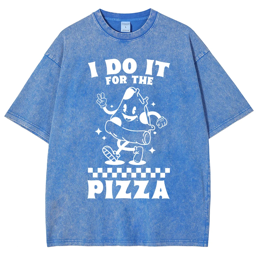 

New Cute Pizza T-Shirt Crew Neck Retro Washed Alphabet Printing High Gram Weight Cotton Top Fashion Casual Short Sleeves