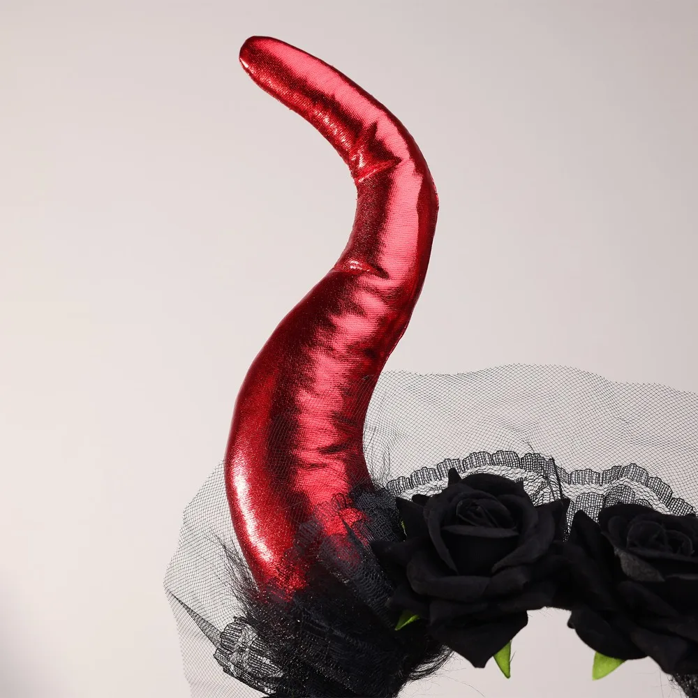 

Hairbands Flowers Design Halloween Cow Horns Headband Lace Trim Fashion Sheep Horn Headband Unique Red Rose Headband Cosplay
