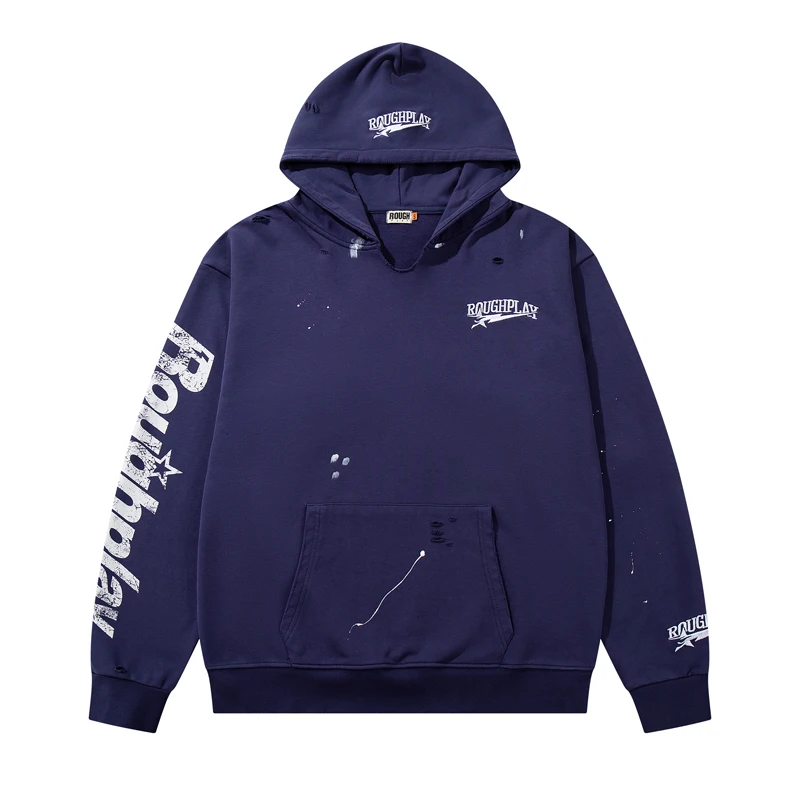 Distressed Destroyed Rough Play Hoodies Sweatpants Sets Embroidery Splash Top Blue Letter Ripped Frayed Casual Trousers