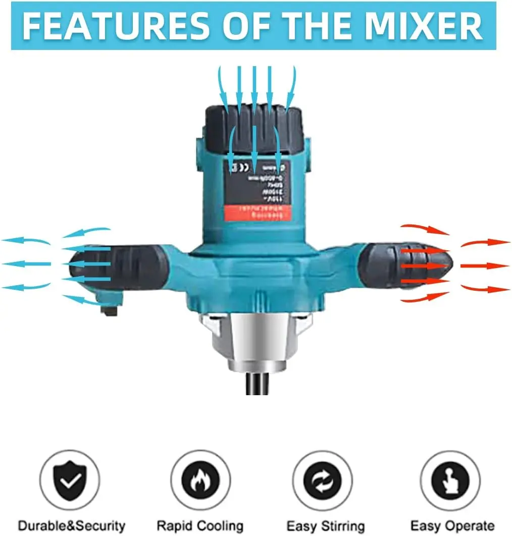 خلاط خرسانة محمول 2100 وات، 6 سرعات، خلاط هاون وأسمنت محمول مع سرعة قابلة للتعديل لأعمال البناء