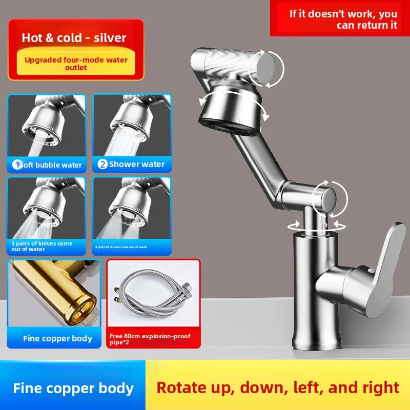 Flexible Swing Arm Basin Faucet, 1080° Rotatable Spout Mixer Tap with 4 Water Modes, Lead-Free Brass Construction