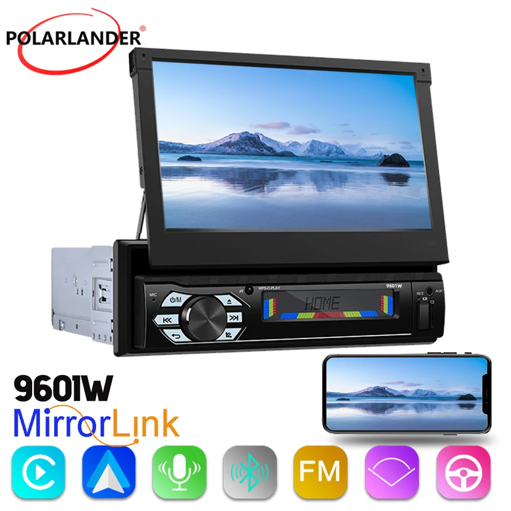

1 Din Electric Retrackable Screen 7" FM Mirror Link SWC HD USB Car Audio Stereo Wireless Carplay Bluetooth TF/AUX