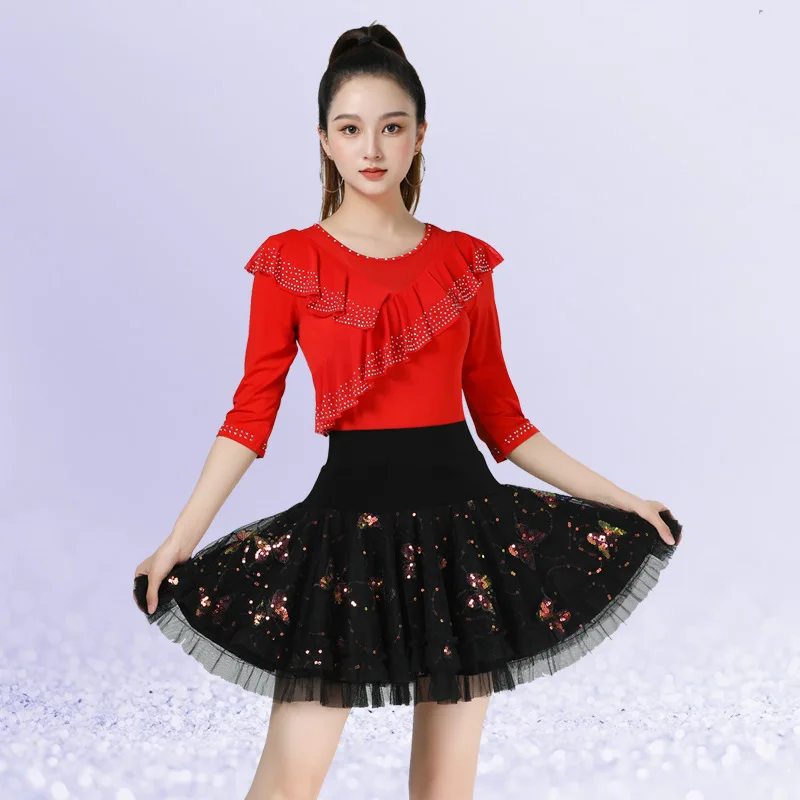 Square Dance Modern Dance Top New Women's Multi Color Lotus Leaf Mid sleeved Robe Flowing Performance Gitba Latin Dance Dress