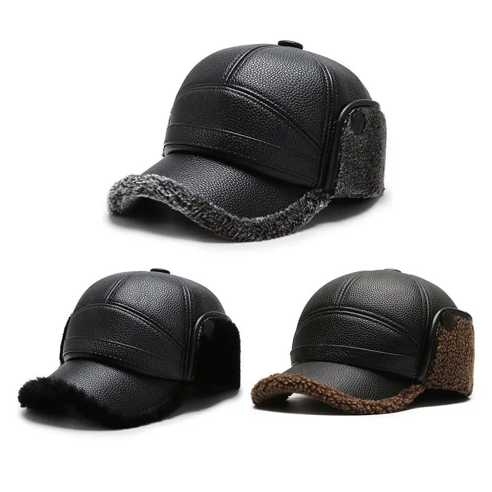 Winter outdoor Men's Leather The Bomber Hat Thicken Leather Cowhide Baseball Caps keep warm With Ears Warm Dad's Hats