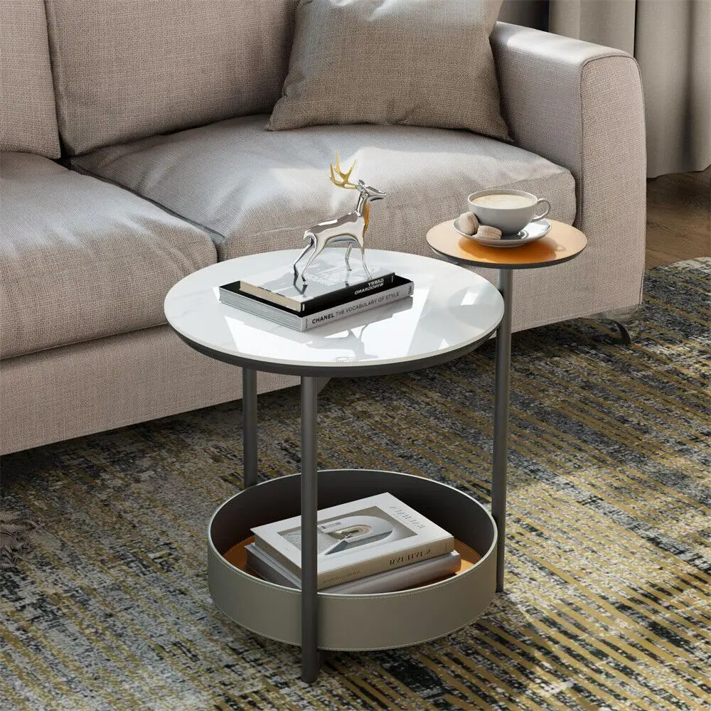 

3-Tiers Round Side end Table Bedside Table w/ Sintered Stone-top, Leather Shelf